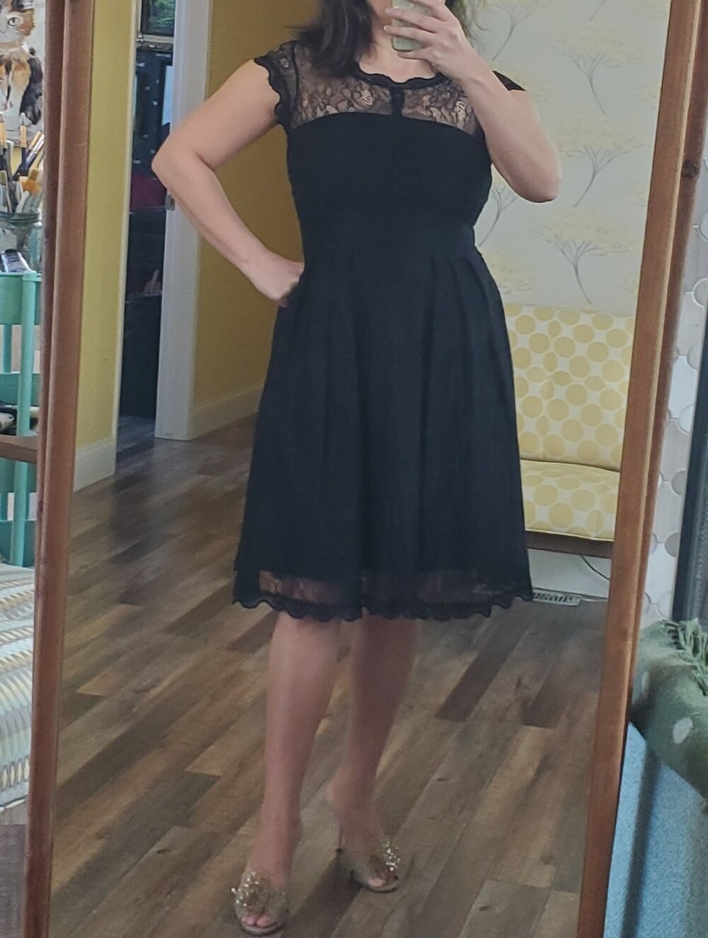 Black Lace Fit & Flare Knee Length Dress w/ Cute Details Sz M